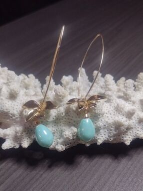 Gold Floral Drop Earrings with Iridescent Turquoise Teardrop Beads